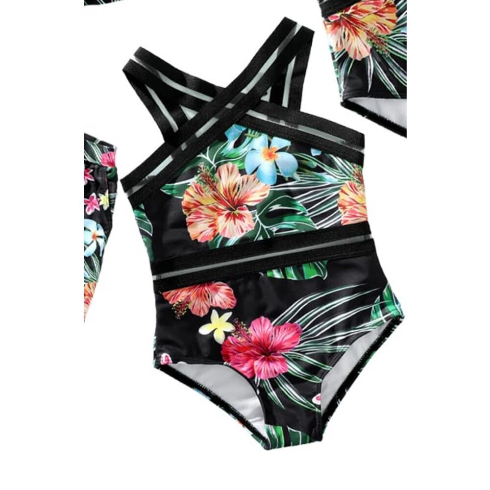 NWT Crisscross One Piece Swimsuit Front Girl Black Floral Tropical 4-5Y